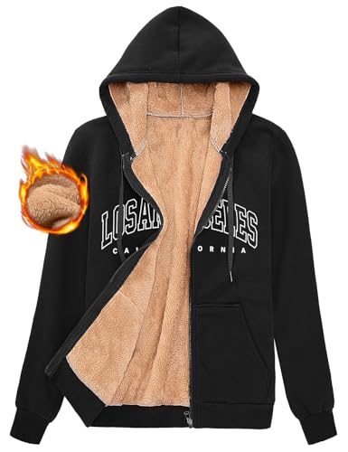 UMIPUBO Fleecejacke Damen Hoodie Fleece Sweatjacke Herbst Winter Sweatshirt mit Kapuze LOS Angeles Muster Kapuzenpullover Zipper Kapuzenjacke Warm Mantel(Schwarz,L) von UMIPUBO