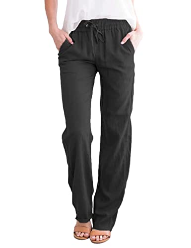 UMIPUBO Freizeithose Damen Sommer, Einfarbig Freizeit Hose Elastischer Bund mit Kordelzug, Elegant Baumwolle Leinenhose Jogginghose Mit Taschen(Schwarz,L) von UMIPUBO