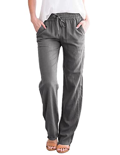 UMIPUBO Freizeithose Damen Sommer, Einfarbig Freizeit Hose Elastischer Bund mit Kordelzug, Elegant Baumwolle Leinenhose Jogginghose Mit Taschen (Dunkelgrau,L) von UMIPUBO