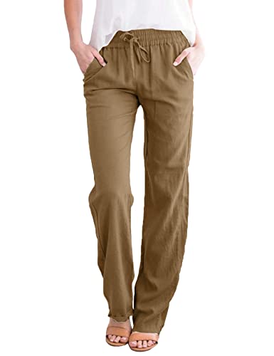 UMIPUBO Freizeithose Damen Sommer, Einfarbig Freizeit Hose Elastischer Bund mit Kordelzug, Elegant Baumwolle Leinenhose Jogginghose Mit Taschen (Dunkles Khaki,L) von UMIPUBO