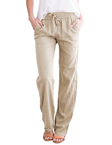 UMIPUBO Freizeithose Damen Sommer, Einfarbig Freizeit Hose Elastischer Bund mit Kordelzug, Elegant Baumwolle Leinenhose Jogginghose Mit Taschen (Khaki,L) von UMIPUBO