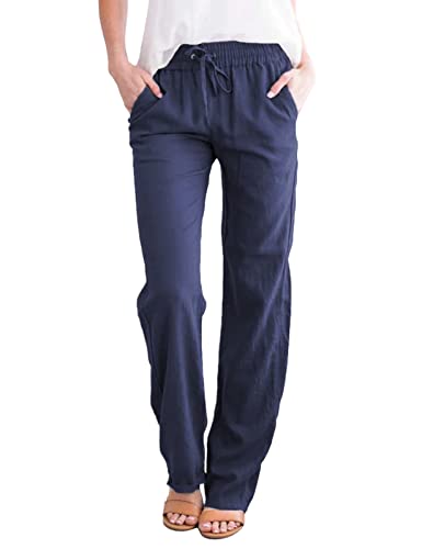 UMIPUBO Freizeithose Damen Sommer, Einfarbig Freizeit Hose Elastischer Bund mit Kordelzug, Elegant Baumwolle Leinenhose Jogginghose Mit Taschen (Navy blau,L) von UMIPUBO