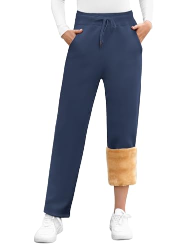 UMIPUBO Gefütterte Jogginghose Damen Warm Fleece Freizeithose Winter Thermo Fleecehose High Waist Sweathose mit 2 Taschen, Damenhose mit Gummizug(Blau,M) von UMIPUBO