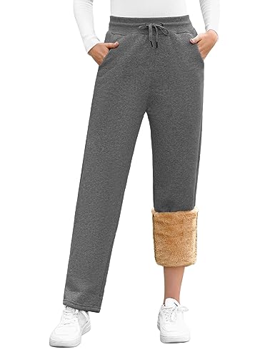 UMIPUBO Gefütterte Jogginghose Damen Warm Fleece Freizeithose Winter Thermo Fleecehose High Waist Sweathose mit 2 Taschen, Damenhose mit Gummizug(Dunkelgrau,M) von UMIPUBO