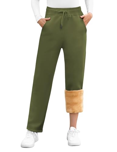 UMIPUBO Gefütterte Jogginghose Damen Warm Fleece Freizeithose Winter Thermo Fleecehose High Waist Sweathose mit 2 Taschen, Damenhose mit Gummizug(Grün,S) von UMIPUBO