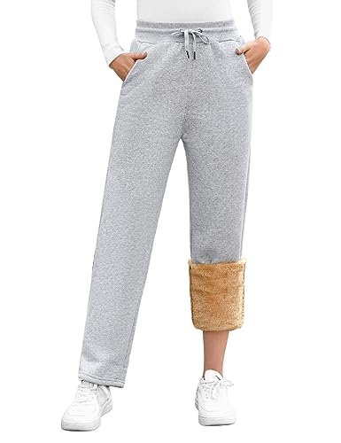 UMIPUBO Gefütterte Jogginghose Damen Warm Fleece Freizeithose Winter Thermo Fleecehose High Waist Sweathose mit 2 Taschen, Damenhose mit Gummizug(Hellgrau,L) von UMIPUBO