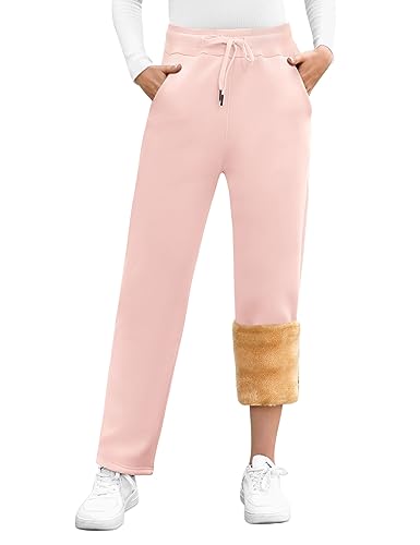 UMIPUBO Gefütterte Jogginghose Damen Warm Fleece Freizeithose Winter Thermo Fleecehose High Waist Sweathose mit 2 Taschen, Damenhose mit Gummizug(Rosa,L) von UMIPUBO