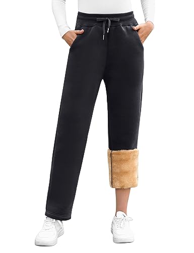 UMIPUBO Gefütterte Jogginghose Damen Warm Fleece Freizeithose Winter Thermo Fleecehose High Waist Sweathose mit 2 Taschen, Damenhose mit Gummizug(Schwarz,L) von UMIPUBO