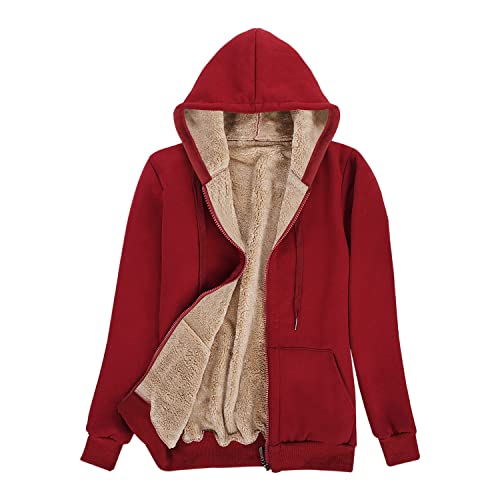 UMIPUBO Hoodie Damen Sweatjacke Fleecejacke Kapuzenpullover Warm Oberteil, Herbst und Winter Sweatshirt mit Reißverschluss Zip Kapuzen-Sweatshirt aus Lammwolle, Langen Mantel(Weinrot,M) von UMIPUBO