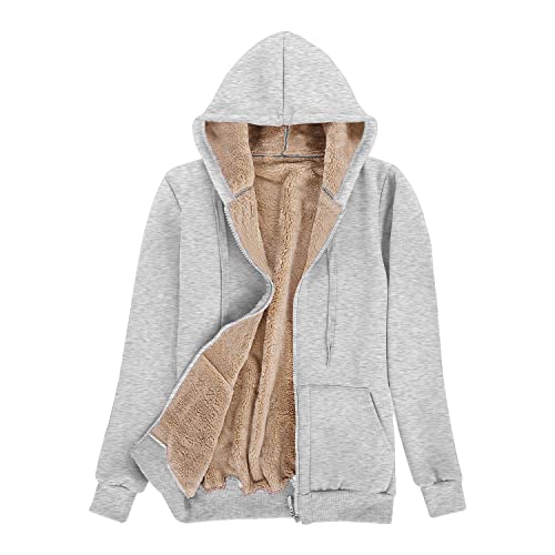 UMIPUBO Hoodie Damen Sweatjacke Fleecejacke Kapuzenpullover Warm Oberteil, Herbst und Winter Sweatshirt mit Reißverschluss Zip Kapuzen-Sweatshirt aus Lammwolle, Langen Mantel (Hellgrau,L) von UMIPUBO