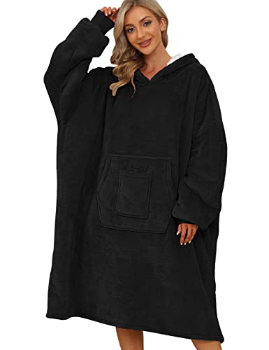 UMIPUBO Hoodie Decke Damen Weiche Warme Kapuzenpullover Hoodie Sweatshirt Übergroße Decke mit Kapuze, Handytasche vorne, Einheitsgröße(Schwarz,Einheitsgröße) von UMIPUBO