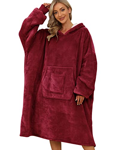 UMIPUBO Hoodie Decke Damen Weiche Warme Kapuzenpullover Hoodie Sweatshirt Übergroße Decke mit Kapuze, Handytasche vorne, Einheitsgröße(Weinrot,Einheitsgröße) von UMIPUBO