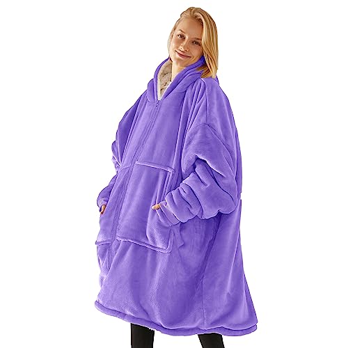 UMIPUBO Hoodie Decke Unisex Super Weich Flanell Lang Decke Sweatshirt Einfarbiges Kapuzenpullover mit übergroßer Tasche Reißverschluss Blanket Hoodie(Lila,Einheitsgröße) von UMIPUBO