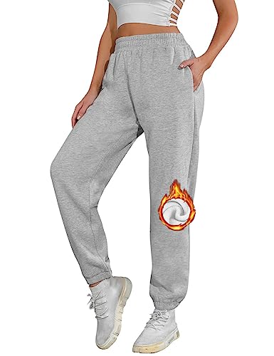 UMIPUBO Jogginghose Damen Baumwolle Lang, Warme Sweatpants Fleece Freizeithose Jogger Hose High Waist mit Taschen, Basic Modische Laufhosen (Hellgrau, S) von UMIPUBO