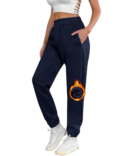 UMIPUBO Jogginghose Damen Baumwolle Lang, Warme Sweatpants Fleece Freizeithose Jogger Hose High Waist mit Taschen, Basic Modische Laufhosen (Marineblau, L) von UMIPUBO