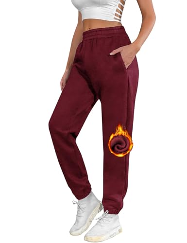 UMIPUBO Jogginghose Damen Baumwolle Lang, Warme Sweatpants Fleece Freizeithose Jogger Hose High Waist mit Taschen, Basic Modische Laufhosen (Rot, M) von UMIPUBO