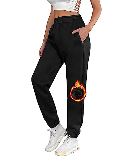 UMIPUBO Jogginghose Damen Baumwolle Lang, Warme Sweatpants Fleece Freizeithose Jogger Hose High Waist mit Taschen, Basic Modische Laufhosen (Schwarz, L) von UMIPUBO