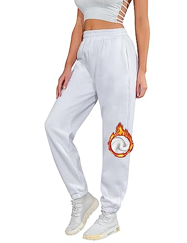 UMIPUBO Jogginghose Damen Baumwolle Lang, Warme Sweatpants Fleece Freizeithose Jogger Hose High Waist mit Taschen, Basic Modische Laufhosen (Weiß, L) von UMIPUBO