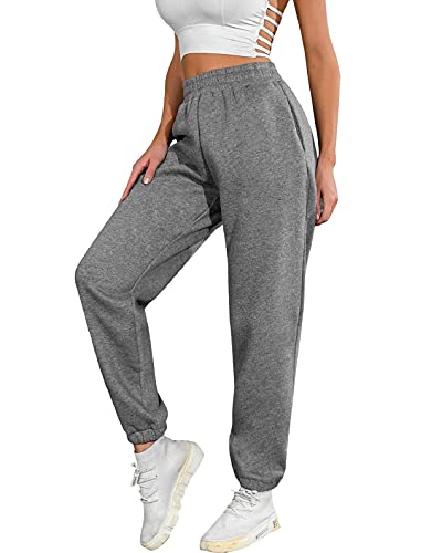 UMIPUBO Jogginghose Damen Baumwolle Lang, Warme Sweatpants Fleece Freizeithose Jogger Hose High Waist mit Taschen, Basic Modische Laufhosen (Dunkelgrau, M) von UMIPUBO