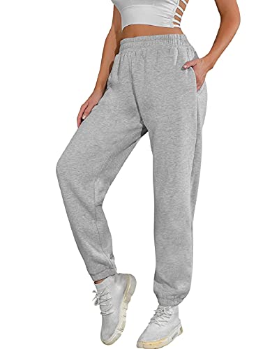 UMIPUBO Jogginghose Damen Baumwolle Lang, Warme Sweatpants Fleece Freizeithose Jogger Hose High Waist mit Taschen, Basic Modische Laufhosen (Hellgrau, XL) von UMIPUBO