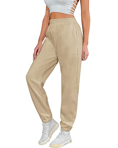 UMIPUBO Jogginghose Damen Baumwolle Lang, Warme Sweatpants Fleece Freizeithose Jogger Hose High Waist mit Taschen, Basic Modische Laufhosen (Khaki, L) von UMIPUBO