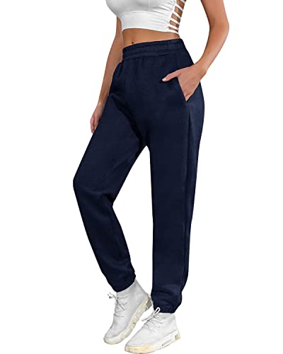 UMIPUBO Jogginghose Damen Baumwolle Lang, Warme Sweatpants Fleece Freizeithose Jogger Hose High Waist mit Taschen, Basic Modische Laufhosen (Marineblau, M) von UMIPUBO