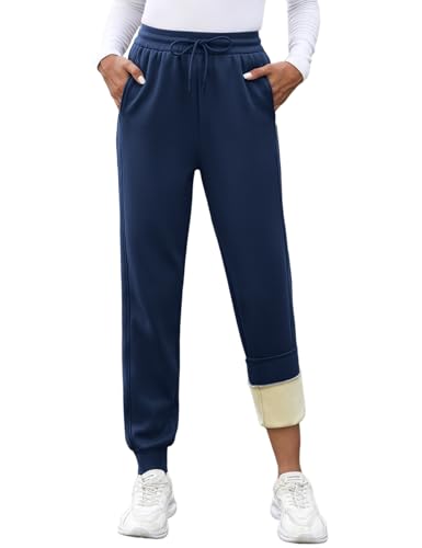UMIPUBO Jogginghose Damen Gefütterte Sporthose Warme Fleece Freizeitthose Lang Sweathose mit Taschen Stoffhose High Waist Winter Thermo Trainingshose Sweatpants Damenhose (Marineblau, M) von UMIPUBO