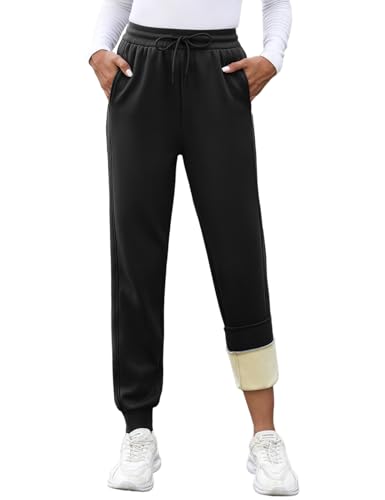 UMIPUBO Jogginghose Damen Gefütterte Sporthose Warme Fleece Freizeitthose Lang Sweathose mit Taschen Stoffhose High Waist Winter Thermo Trainingshose Sweatpants Damenhose (Schwarz, XL) von UMIPUBO
