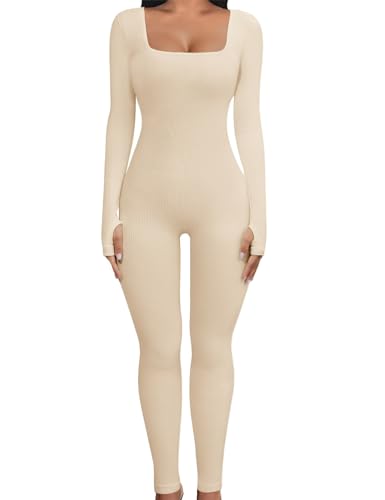 UMIPUBO Jumpsuit Damen Lang Sport Yoga Bodysuit Overall Stretch Playsuits Quadratischer Hals Langarm Bodycon Strampler Sportkleidung Damen Set(Aprikose,L) von UMIPUBO