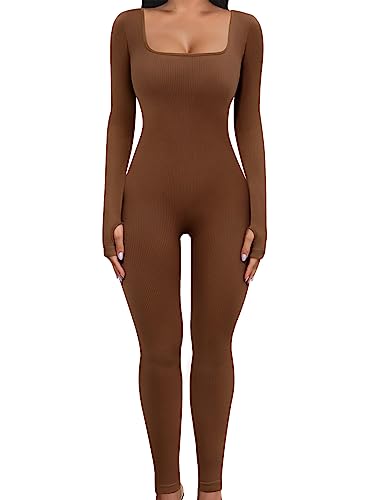 UMIPUBO Jumpsuit Damen Lang Sport Yoga Bodysuit Overall Stretch Playsuits Quadratischer Hals Langarm Bodycon Strampler Sportkleidung Damen Set(Kaffee,L) von UMIPUBO