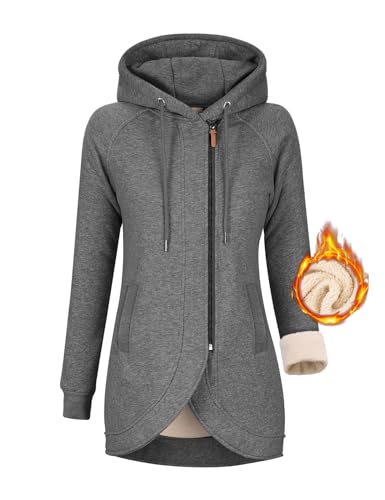 UMIPUBO Kapuzenpullover Hoodie Damen Fleecejacke Sweatjacke Herbst Winter Sweatshirt Lang Zipper Strickjacke mit Kapuze Langen Mantel Outwear Kapuzenjacke Mit Taschen(Dunkelgrau,XXL) von UMIPUBO