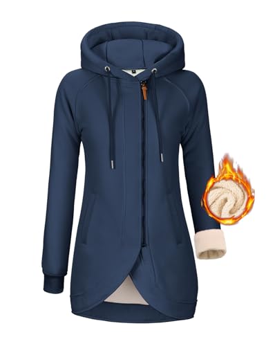 UMIPUBO Kapuzenpullover Hoodie Damen Fleecejacke Sweatjacke Herbst Winter Sweatshirt Lang Zipper Strickjacke mit Kapuze Langen Mantel Outwear Kapuzenjacke Mit Taschen(Marineblau,S) von UMIPUBO