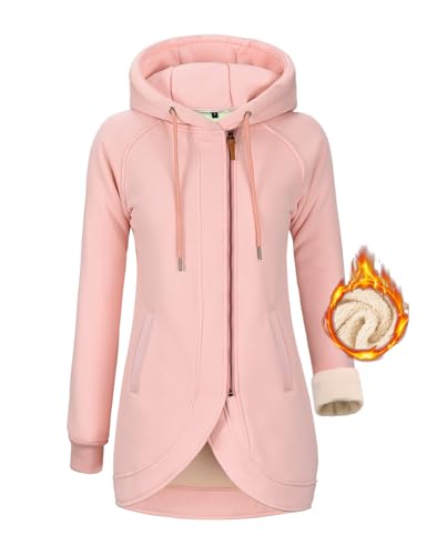 UMIPUBO Kapuzenpullover Hoodie Damen Fleecejacke Sweatjacke Herbst Winter Sweatshirt Lang Zipper Strickjacke mit Kapuze Langen Mantel Outwear Kapuzenjacke Mit Taschen(Rosa,XXL) von UMIPUBO