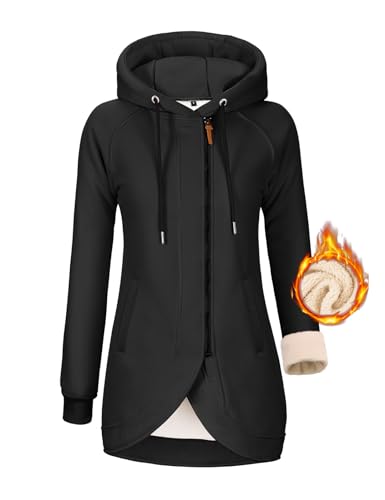 UMIPUBO Kapuzenpullover Hoodie Damen Fleecejacke Sweatjacke Herbst Winter Sweatshirt Lang Zipper Strickjacke mit Kapuze Langen Mantel Outwear Kapuzenjacke Mit Taschen(Schwarz,XXL) von UMIPUBO