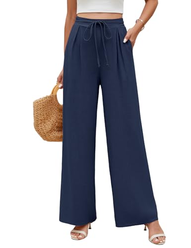 UMIPUBO Leinenhose Damen Musselin Weite Bein Sommerhose Casual Freizeithose Taschen Lange Freizeit Jogginghose Kordelzug Lose Weite Hose Elastisch Hohe Taille Sommer Hose Reisen Daily (Marineblau, L) von UMIPUBO