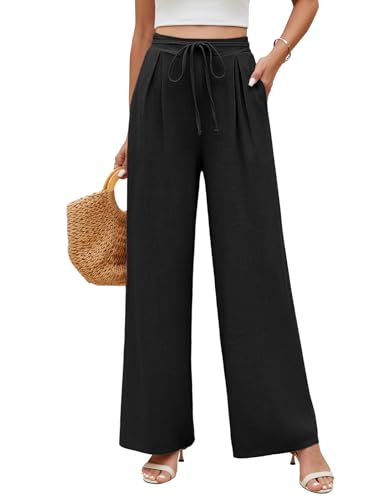 UMIPUBO Leinenhose Damen Musselin Weite Bein Sommerhose Casual Freizeithose Taschen Lange Freizeit Jogginghose Kordelzug Lose Weite Hose Elastisch Hohe Taille Sommer Hose Reisen Daily Outing Beige, M von UMIPUBO