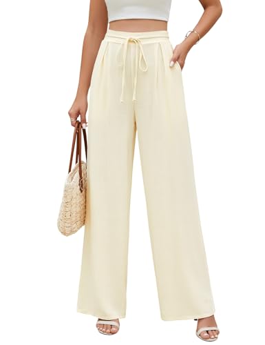 UMIPUBO Leinenhose Damen Musselin Weite Bein Sommerhose Casual Freizeithose mit Taschen Lange Freizeit Jogginghose Kordelzug Lose Weite Hose Elastisch Hohe Taille Sommer Hose Reisen Daily (Schwarz, L) von UMIPUBO