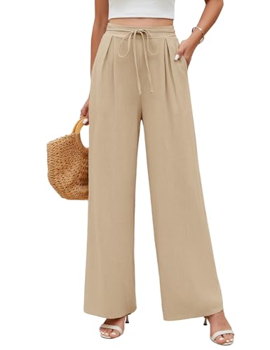 UMIPUBO Leinenhose Damen Musselin Weite Bein Sommerhose Casual Freizeithose Taschen Lange Freizeit Jogginghose Kordelzug Lose Weite Hose Elastisch Hohe Taille Sommer Hose Reisen Daily Outing (Grau, S) von UMIPUBO