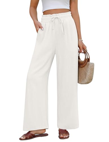 UMIPUBO Leinenhose Damen Sommerhose Leichte Baumwolle Palazzo Causal Weite Hose Freizeithose Elegant Lang Stoffhose Elastisch High Waist Strandhose mit Tunnelzug und Taschen (Beige, S) von UMIPUBO