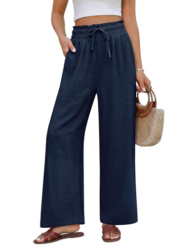 UMIPUBO Leinenhose Damen Sommerhose Leichte Baumwolle Palazzo Causal Weite Hose Freizeithose Elegant Lang Stoffhose Elastisch High Waist Strandhose mit Tunnelzug und Taschen (Marineblau, L) von UMIPUBO
