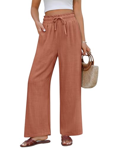 UMIPUBO Leinenhose Damen Sommerhose Leichte Baumwolle Palazzo Causal Weite Hose Freizeithose Elegant Lang Stoffhose Elastisch High Waist Strandhose mit Tunnelzug und Taschen (Ziegelrot, XL) von UMIPUBO