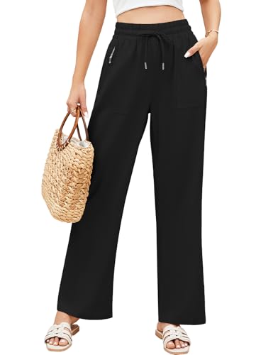 UMIPUBO Leinenhose Damen Sommerhose Leichte Sommer Palazzo Weite Hose Casual Freizeithose Strandhose mit Taschen Lange Freizeit Kordelzug Lose Elastisch Hohe Taille für Reisen Daily (Schwarz, XL) von UMIPUBO