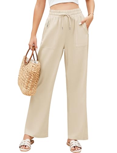 UMIPUBO Leinenhose Damen Sommerhose Leichte Sommer Palazzo Weite Hose Casual Freizeithose Strandhose mit Taschen Lange Freizeit Kordelzug Lose Elastisch Hohe Taille für Reisen Daily Outing (Beige, XL) von UMIPUBO