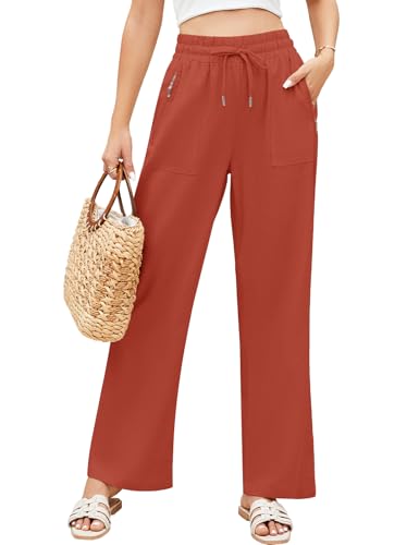 UMIPUBO Leinenhose Damen Sommerhose Leichte Sommer Palazzo Weite Hose Casual Freizeithose Strandhose mit Taschen Lange Freizeit Kordelzug Lose Elastisch Hohe Taille für Reisen Daily Outing (Rot, S) von UMIPUBO