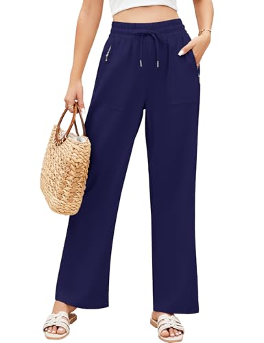 UMIPUBO Leinenhose Damen Sommerhose Leichte Sommer Palazzo Weite Hose Casual Freizeithose Strandhose mit Taschen Lange Freizeit Kordelzug Lose Elastisch Hohe Taille für Reisen Daily (Marineblau, S) von UMIPUBO