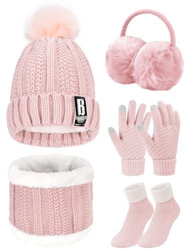 UMIPUBO Mütze Schal Handschuh Sets für Damen 5 in 1 Strickmütze Schal mit Fleecefutter Touchscreen Handschuhe Winterzubehör Ski-Set Wärmer Ohrenschützer Baumwollsocken(Rosa,Einheitsgröße) von UMIPUBO