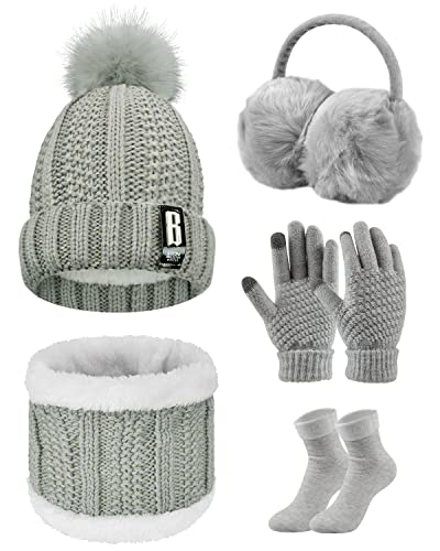 UMIPUBO Mütze Schal Handschuh Sets für Damen 5 in 1 Strickmütze Schal mit Fleecefutter Touchscreen Handschuhe Winterzubehör Ski-Set Wärmer Ohrenschützer Baumwollsocken (Grau-A) von UMIPUBO