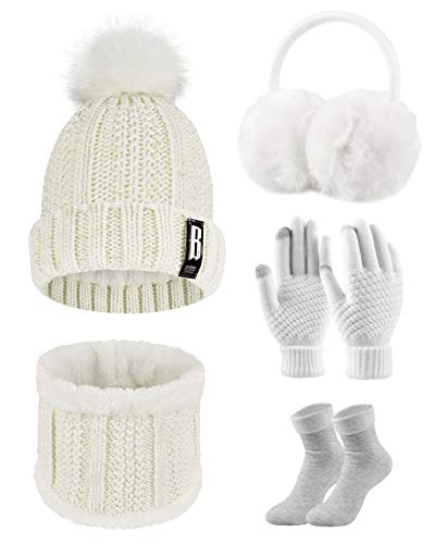 UMIPUBO Mütze Schal Handschuh Sets für Damen 5 in 1 Strickmütze Schal mit Fleecefutter Touchscreen Handschuhe Winterzubehör Ski-Set Wärmer Ohrenschützer Baumwollsocken (Weiß-A) von UMIPUBO