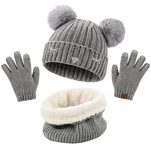 UMIPUBO Mütze Schal Handschuh-sets für Mädchen Jungen,3 in 1 Chenille Winter Warme Strickmütze, Touchscreen Handschuhe, Schal für Kinder, Wintergeschenke für Kinder 6-10 Jahre(Grau,Einheitsgröße) von UMIPUBO