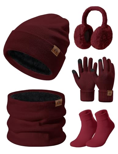 UMIPUBO Mütze Schal Handschuhe Damen Winter Set Wintermütze Fleece Gefütterte Beanie Loop Schlauchschal Wärmer Touchscreen Plüsch Ohrenwärmer Verdickte Ohrenschützer Socken-5 Stück Set，Weinrot von UMIPUBO